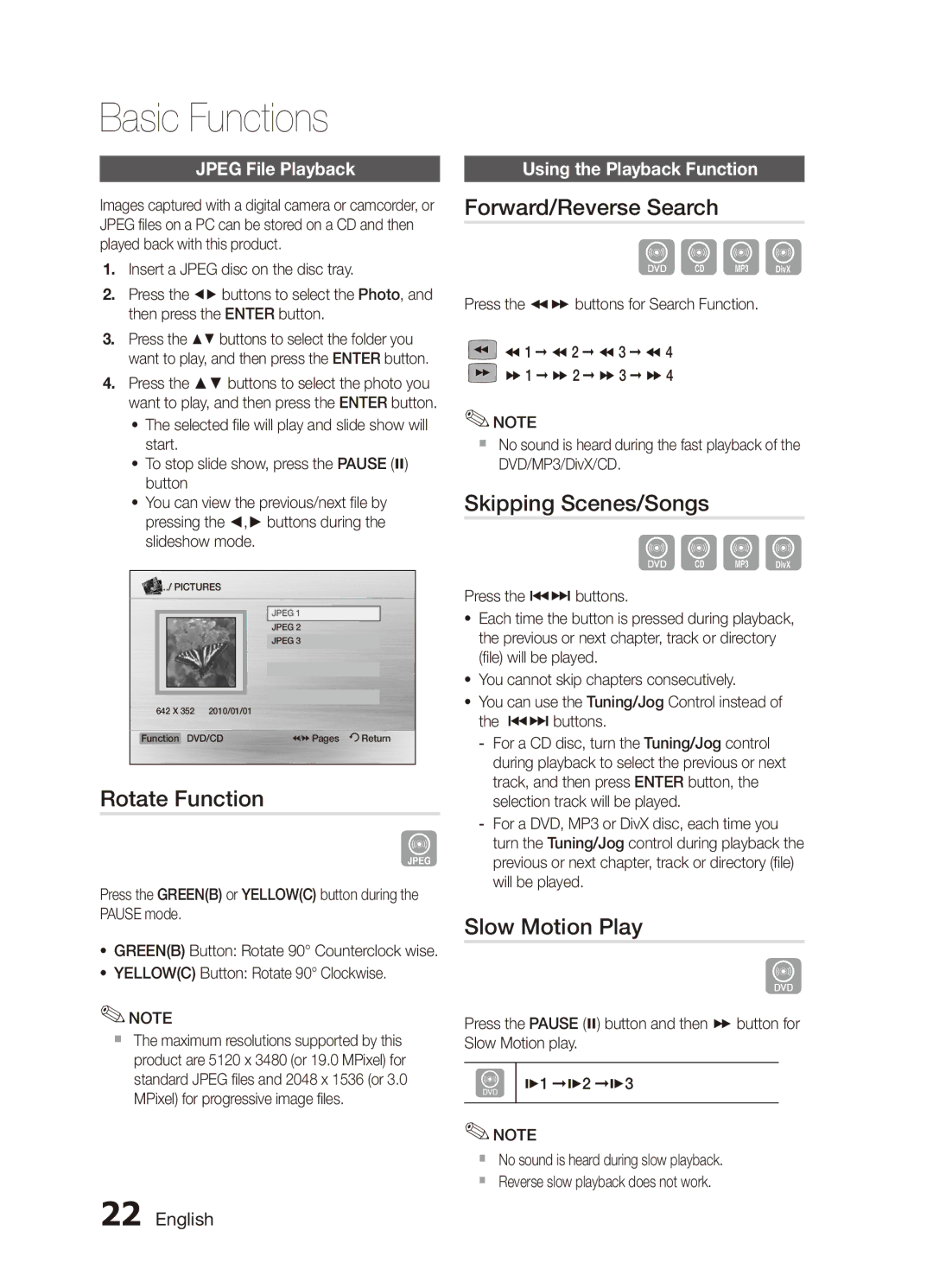 Samsung MX-C830D/AFR, MX-C830D/HAC manual Rotate Function, Forward/Reverse Search, Skipping Scenes/Songs, Slow Motion Play 