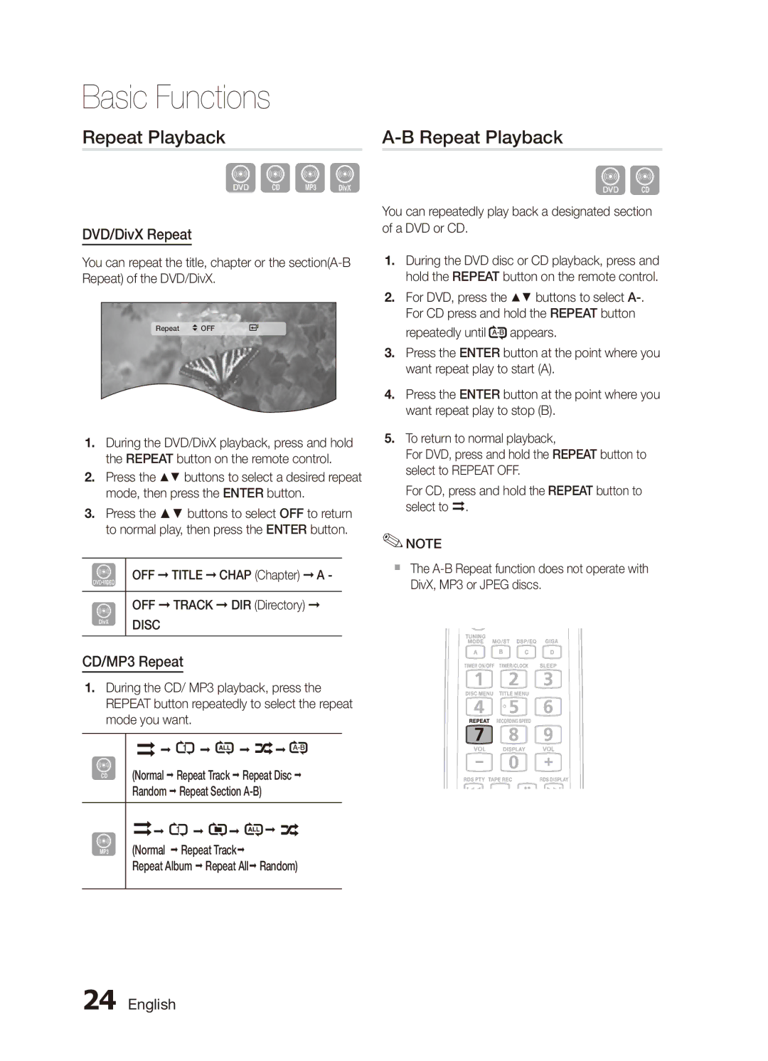 Samsung MX-C870D/XFA, MX-C830D/HAC manual Repeat Playback, DVD/DivX Repeat, CD/MP3 Repeat, Repeat Album Repeat AllRandom 