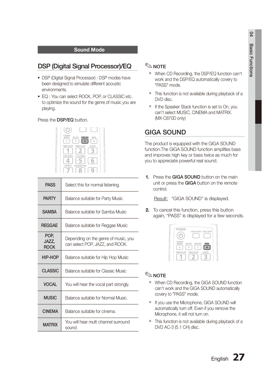 Samsung MX-C830D/MEA, MX-C830D/HAC, MX-C830D/AFR, MX-C830D/KE, MX-C870D/XFA DSP Digital Signal Processor/EQ, Sound Mode, Pass 