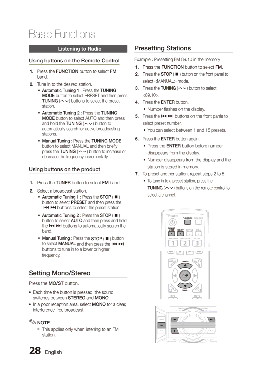 Samsung MX-C830D/HAC Setting Mono/Stereo, Presetting Stations, Listening to Radio, Using buttons on the Remote Control 