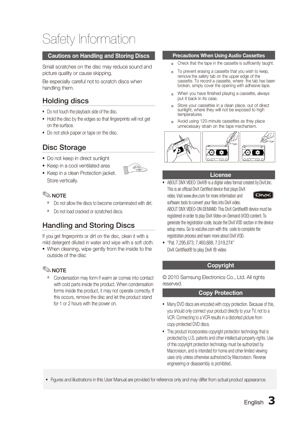 Samsung MX-C870D/XFA manual Holding discs, Disc Storage, Handling and Storing Discs, License, Copyright Copy Protection 