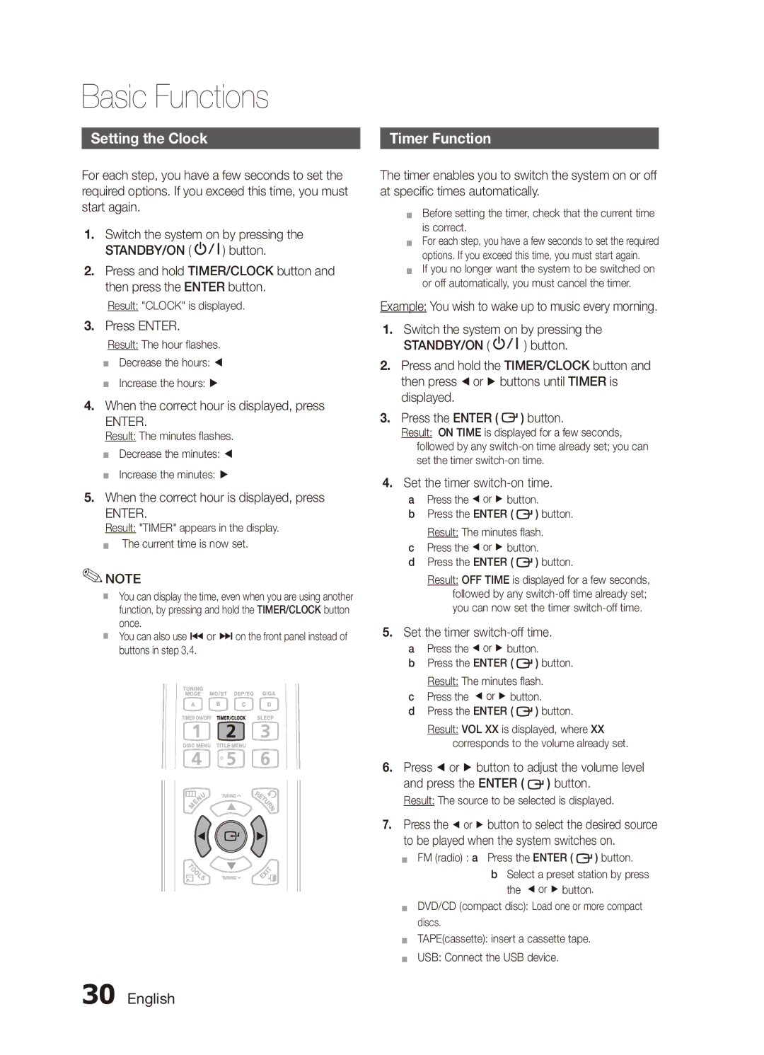 Samsung MX-C830D/KE, MX-C830D/HAC, MX-C830D/AFR, MX-C870D/XFA, MX-C830D/UMG manual Setting the Clock, Timer Function, Enter 