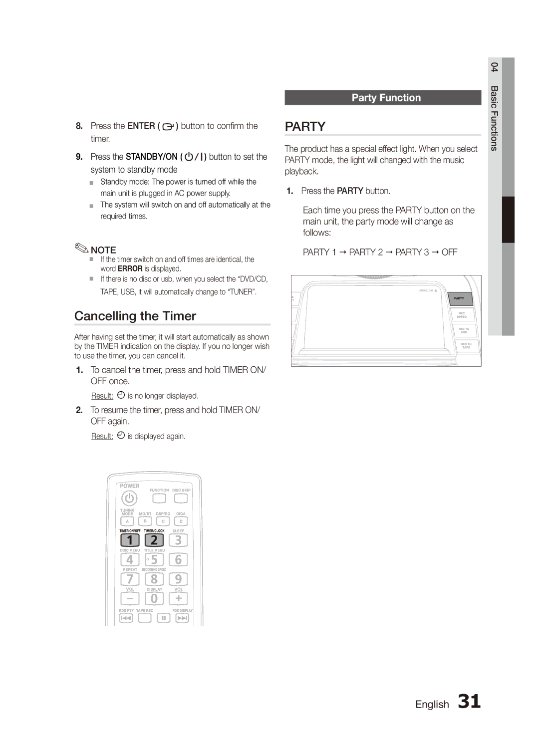 Samsung MX-C870D/XFA manual Cancelling the Timer, Party Function, To cancel the timer, press and hold Timer ON/ OFF once 