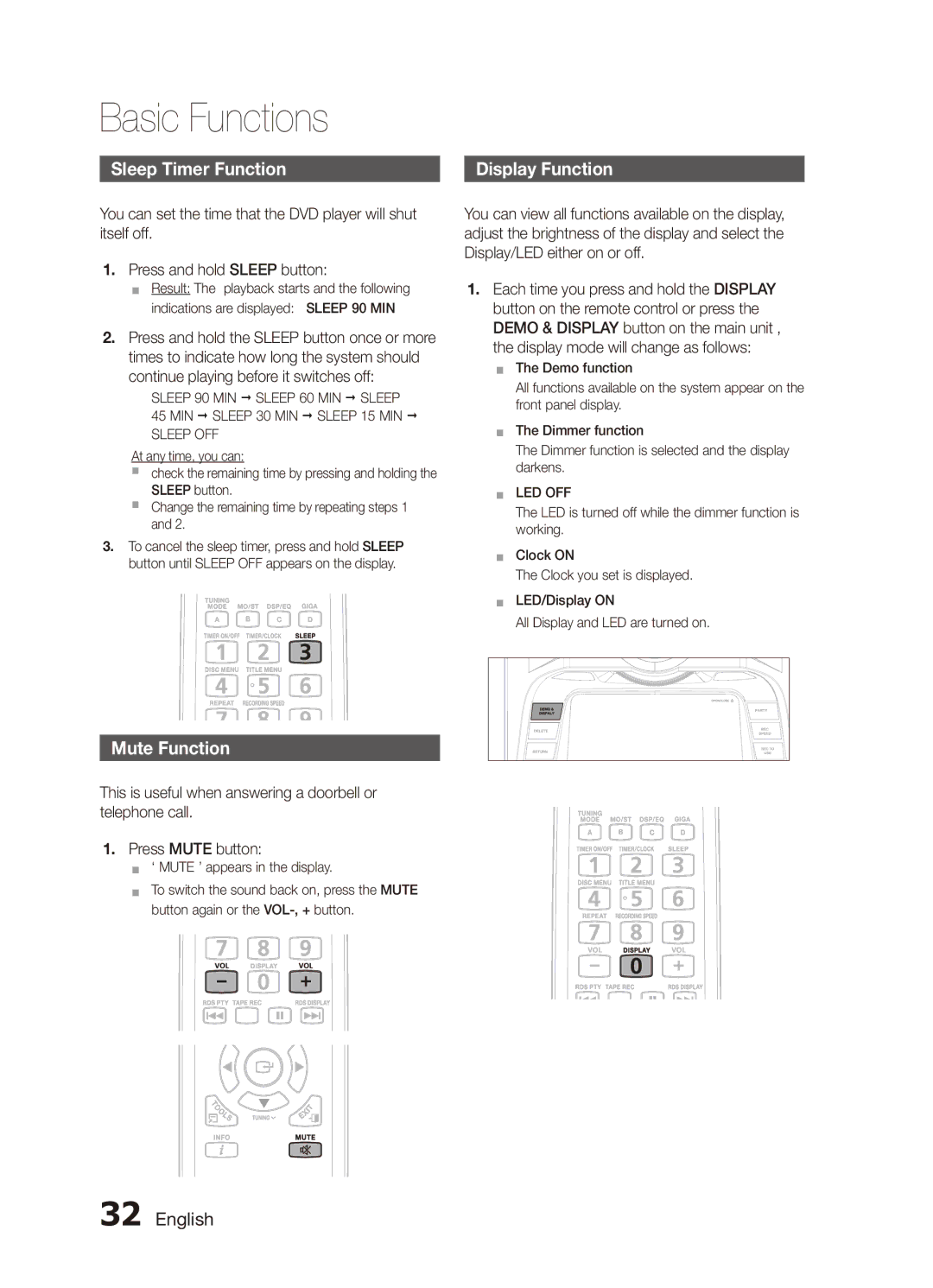 Samsung MX-C830D/UMG manual Sleep Timer Function, Display Function, Mute Function, MIN  Sleep 30 MIN  Sleep 15 MIN  