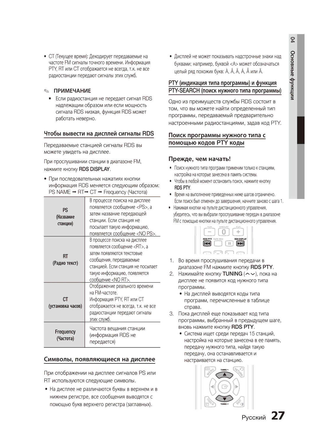 Samsung MX-C830D/XER manual Чтобы вывести на дисплей сигналы RDS, Символы, появляющиеся на дисплее, Rds Pty 