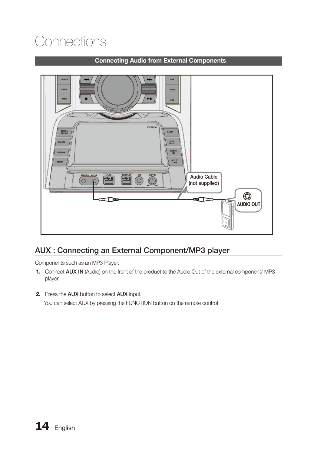 Samsung MX-C830D/XER manual AUX Connecting an External Component/MP3 player, Connecting Audio from External Components 