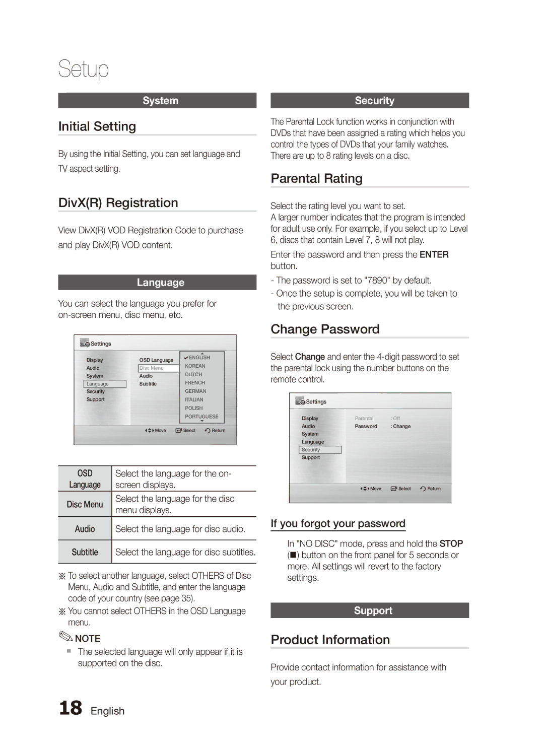 Samsung MX-C830D/XER manual Initial Setting, DivXR Registration, Parental Rating, Change Password, Product Information 