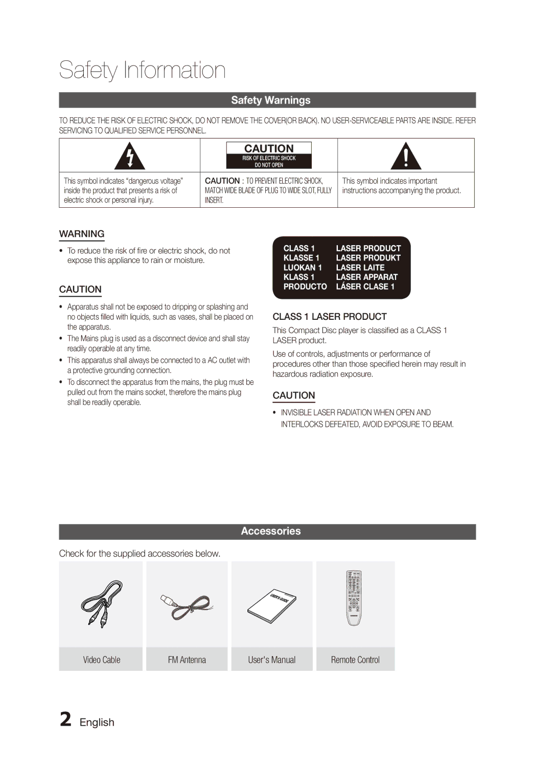 Samsung MX-C830D/XER manual Safety Information, Safety Warnings, Accessories, English 