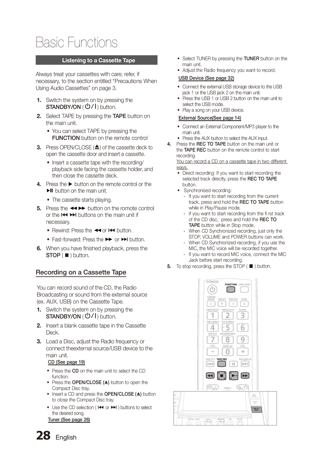 Samsung MX-C830D/XER manual Recording on a Cassette Tape, Listening to a Cassette Tape 