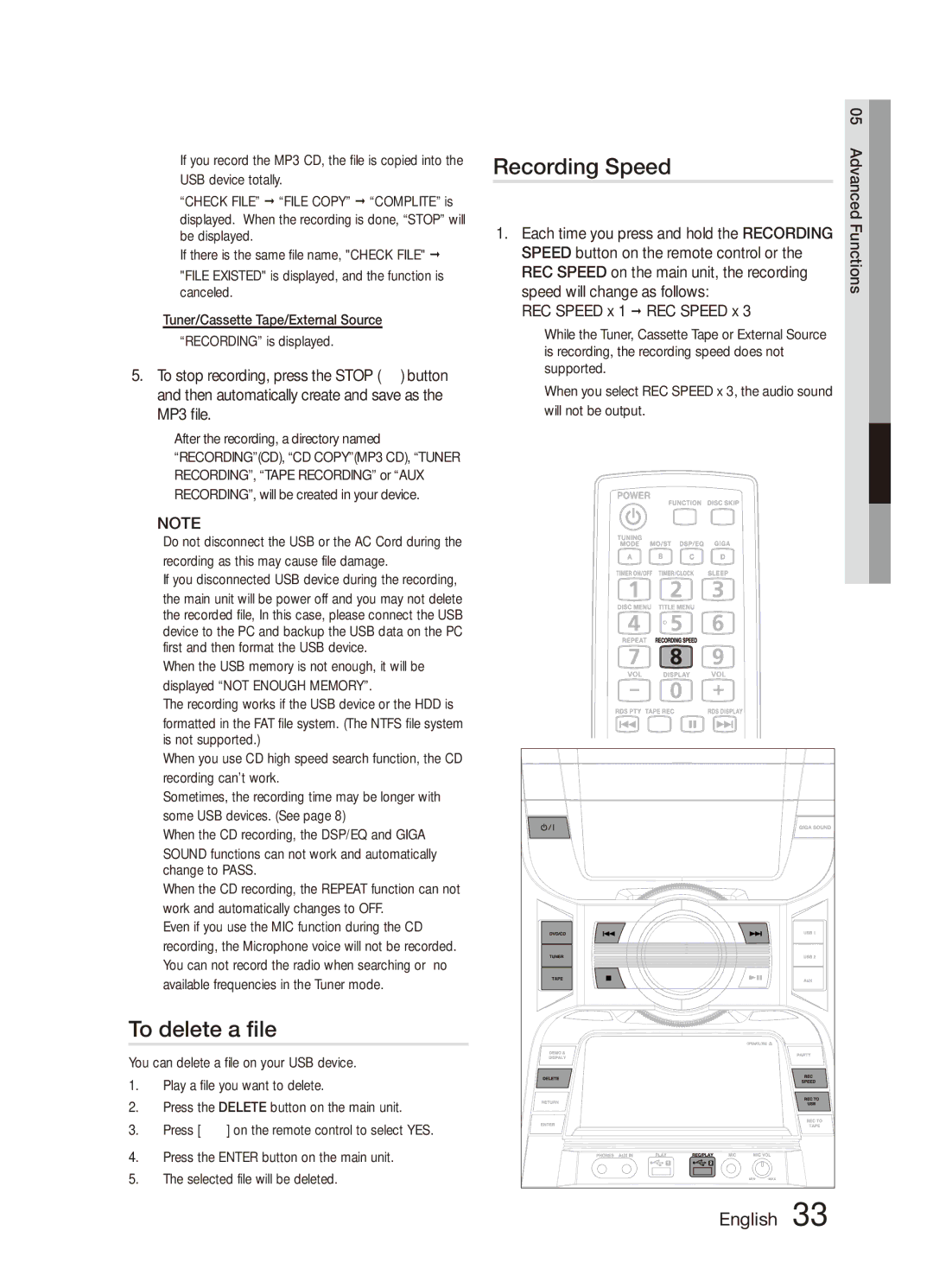 Samsung MX-C830D/XER manual To delete a file, Recording Speed, Speed button on the remote control or 