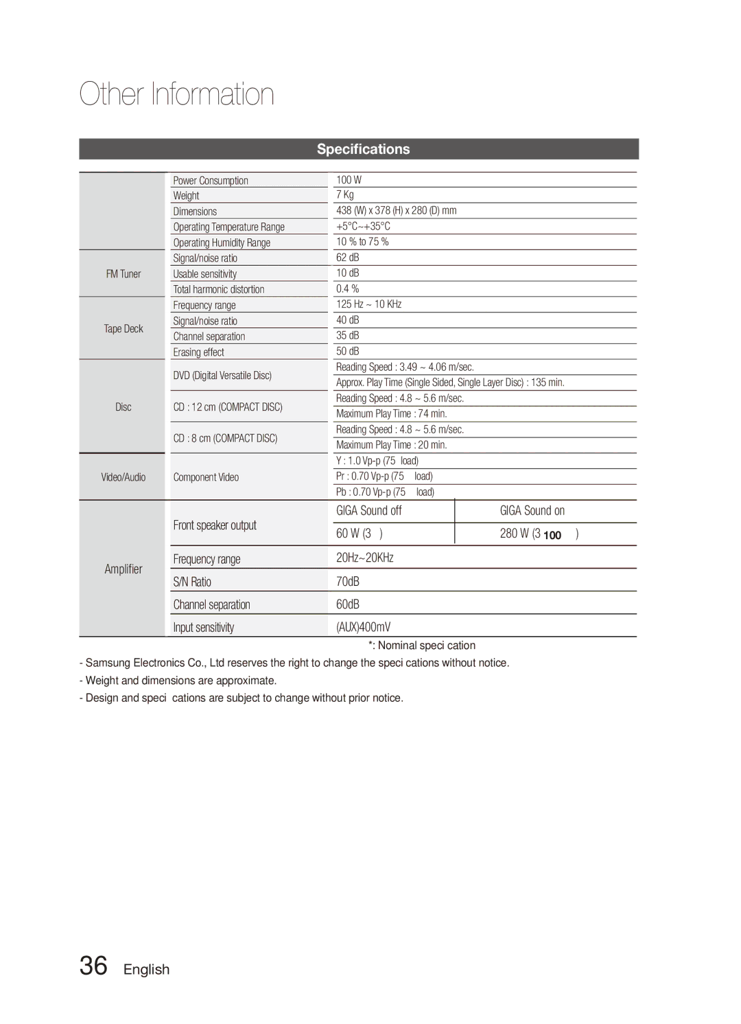 Samsung MX-C830D/XER manual Specifications 