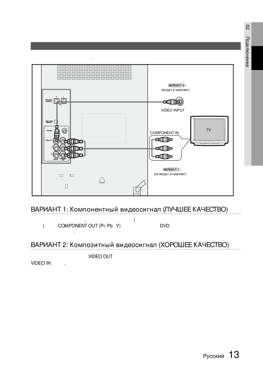 Samsung MX-D630D/RU Вариант 1 Компонентный видеосигнал Лучшее Качество, Вариант 2 Композитный видеосигнал Хорошее Качество 