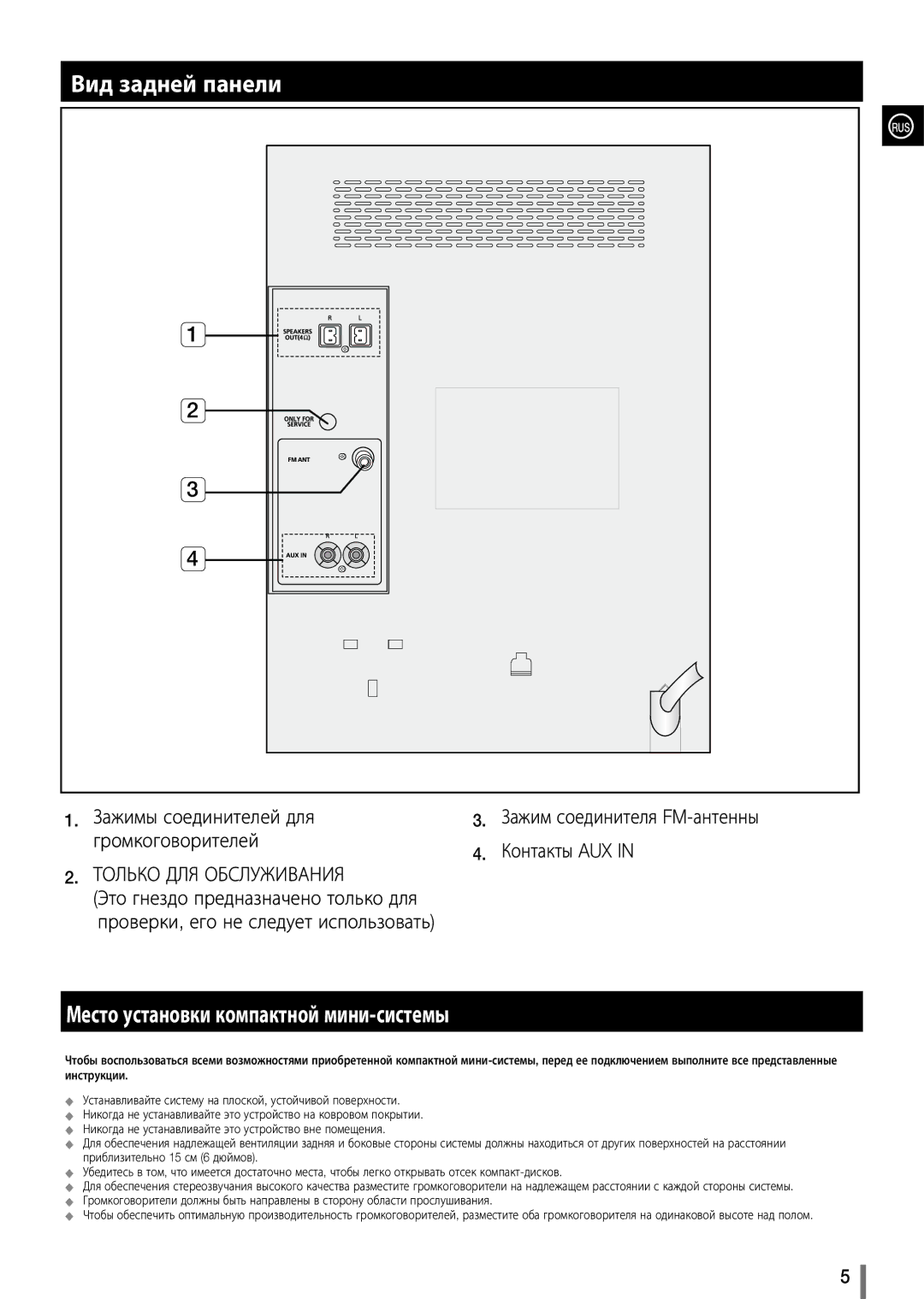 Samsung MX-D630/RU manual Вид задней панели, Место установки компактной мини-системы 