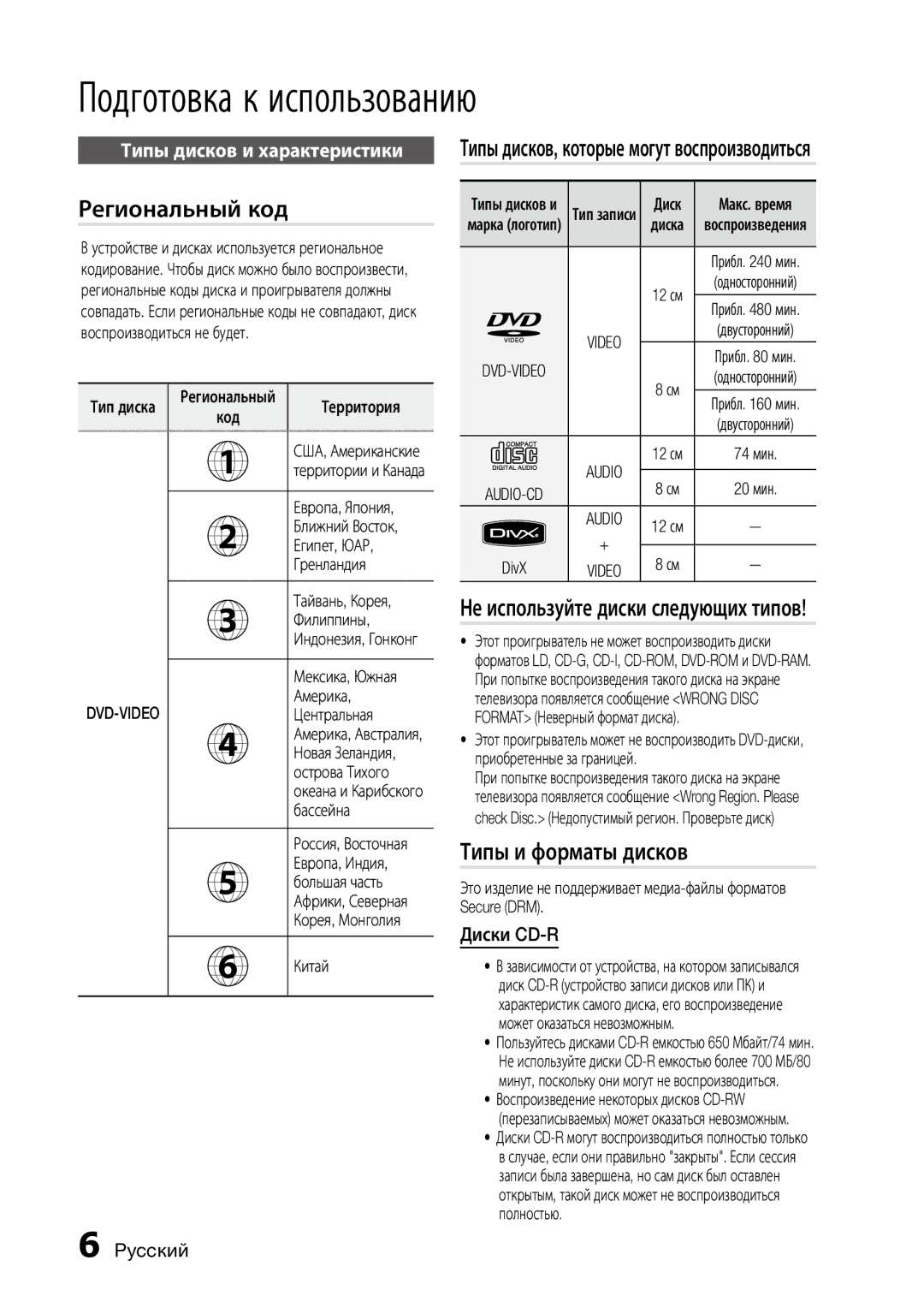 Samsung MX-D750D/RU, MX-D730D/RU manual Региональный код, Не используйте диски следующих типов, Типы и форматы дисков 