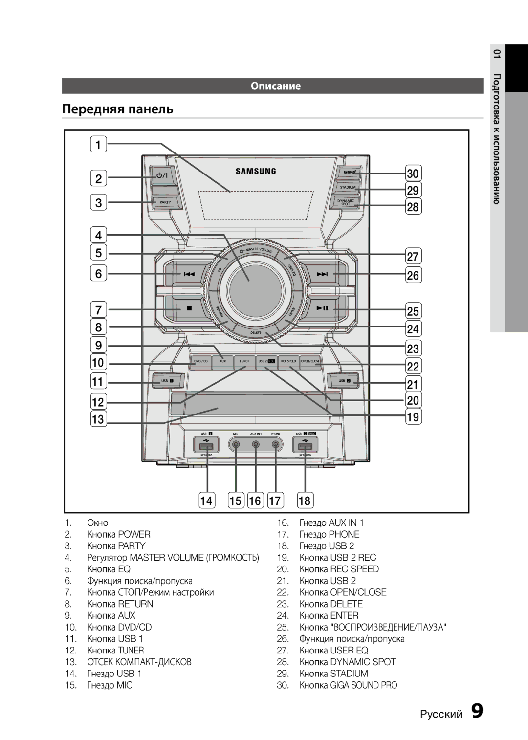 Samsung MX-D730D/RU, MX-D750D/RU manual Передняя панель, Кнопка USB 2 REC, Отсек КОМПАКТ-ДИСКОВ, Кнопка Dynamic Spot 