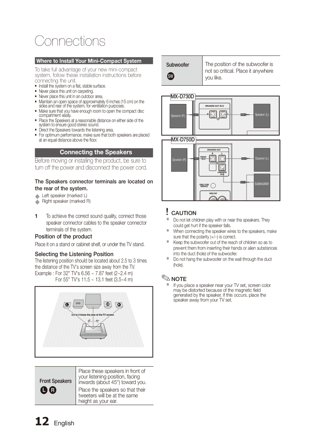 Samsung MX-D750D/SJ, MX-D750D/UM manual Connections, Connecting the Speakers 