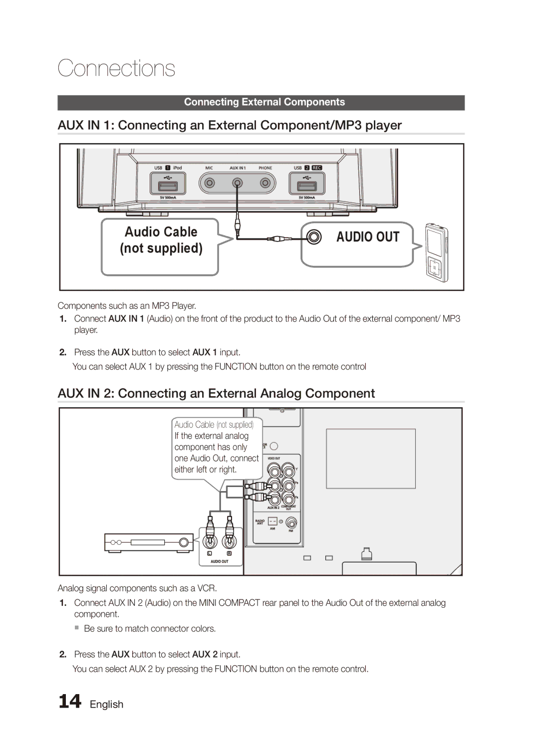 Samsung MX-D750D/SJ AUX in 1 Connecting an External Component/MP3 player, AUX in 2 Connecting an External Analog Component 