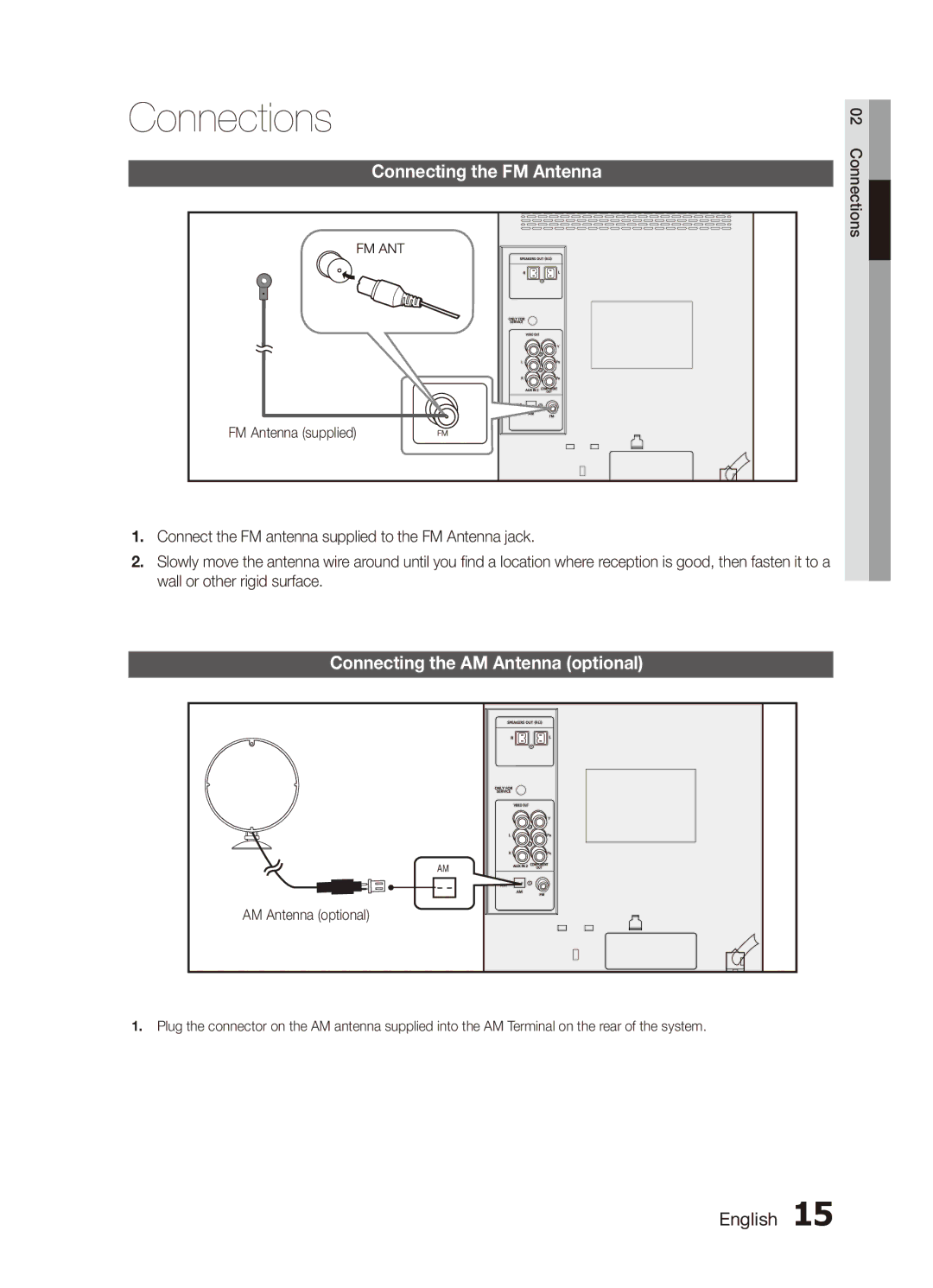 Samsung MX-D750D/UM, MX-D750D/SJ manual Connecting the FM Antenna, Connecting the AM Antenna optional 