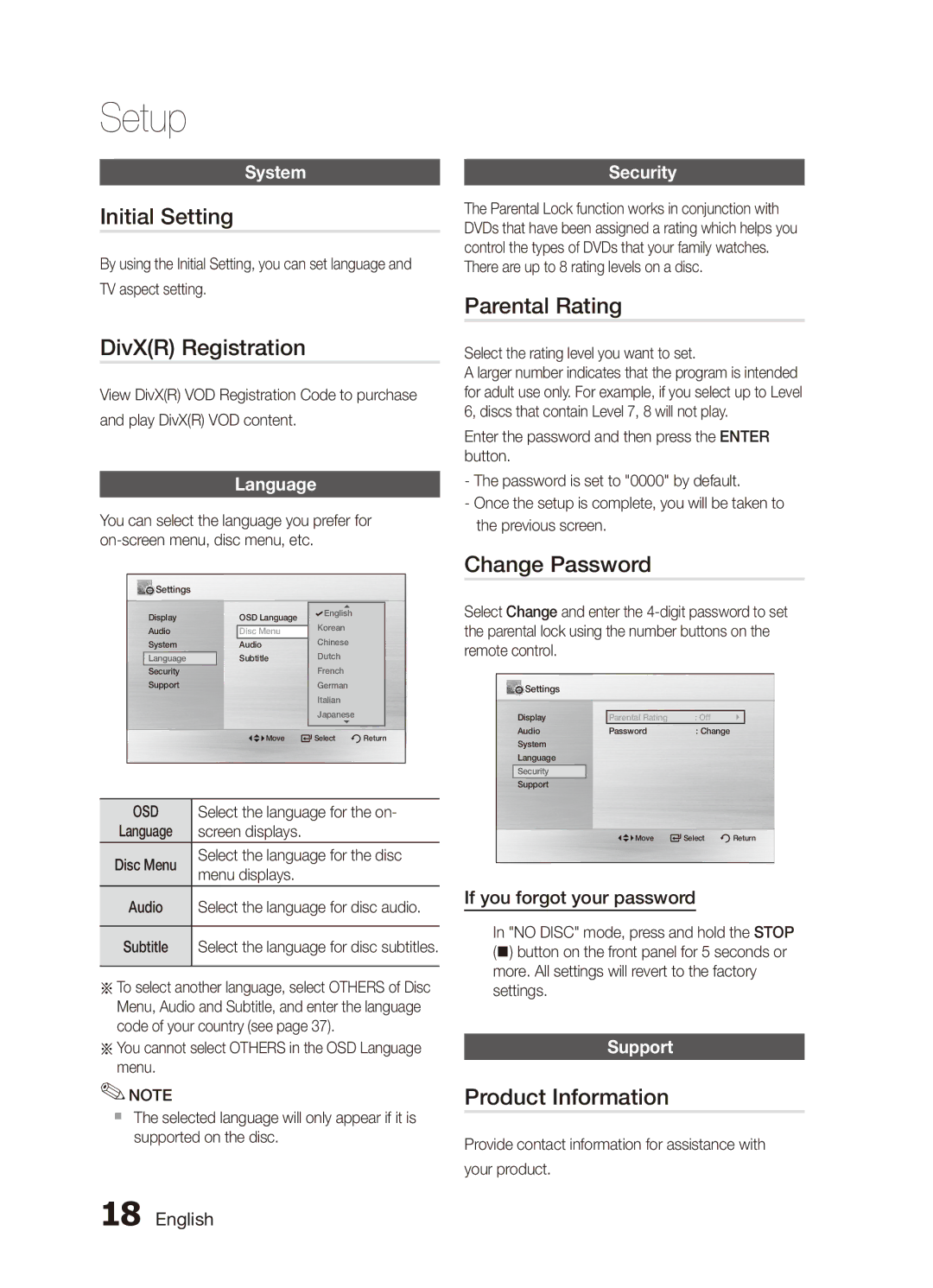 Samsung MX-D750D/SJ manual Initial Setting, DivXR Registration, Parental Rating, Change Password, Product Information 