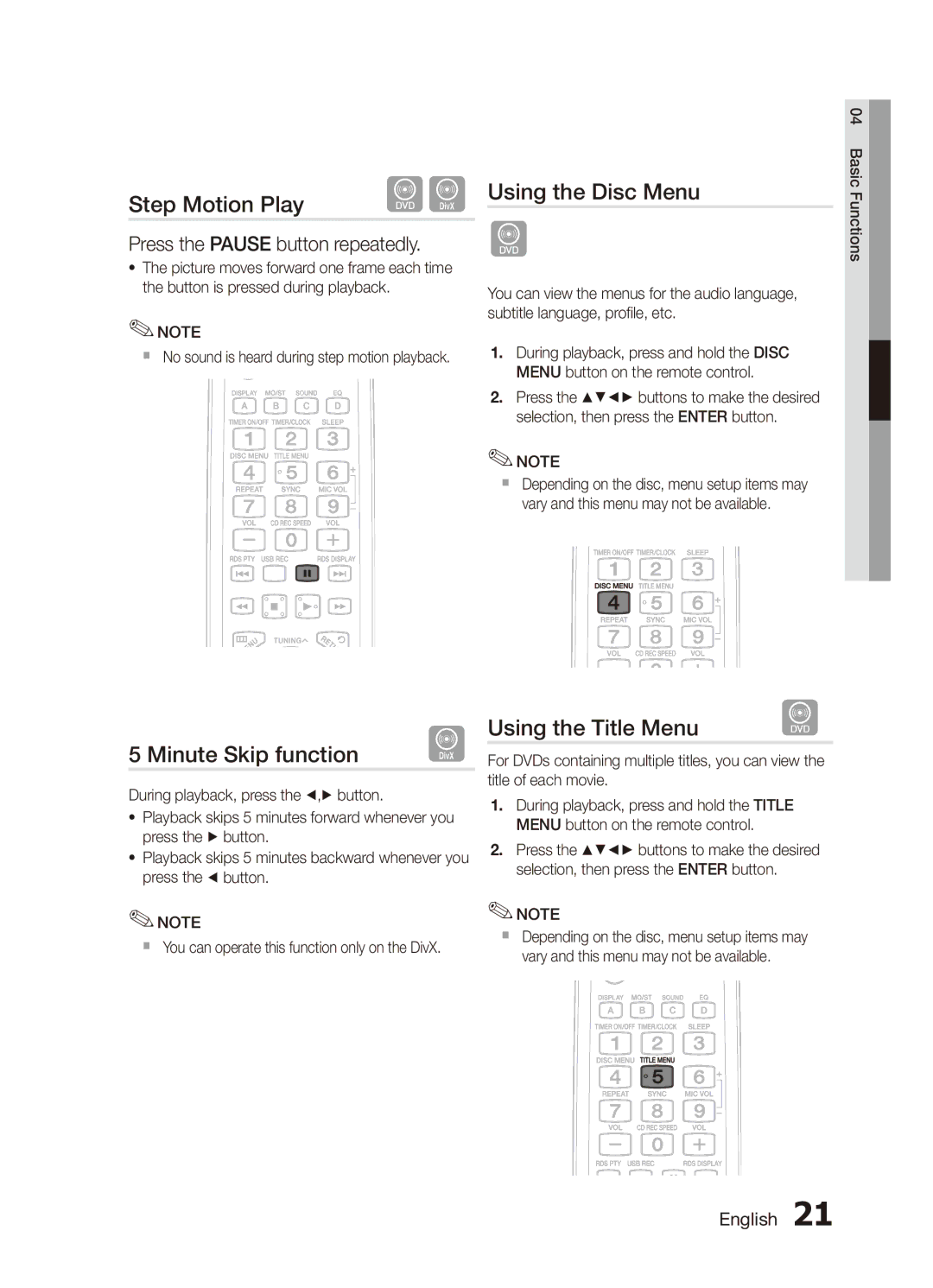 Samsung MX-D750D/UM, MX-D750D/SJ manual Step Motion Play dD, Using the Disc Menu, Minute Skip function, Using the Title Menu 