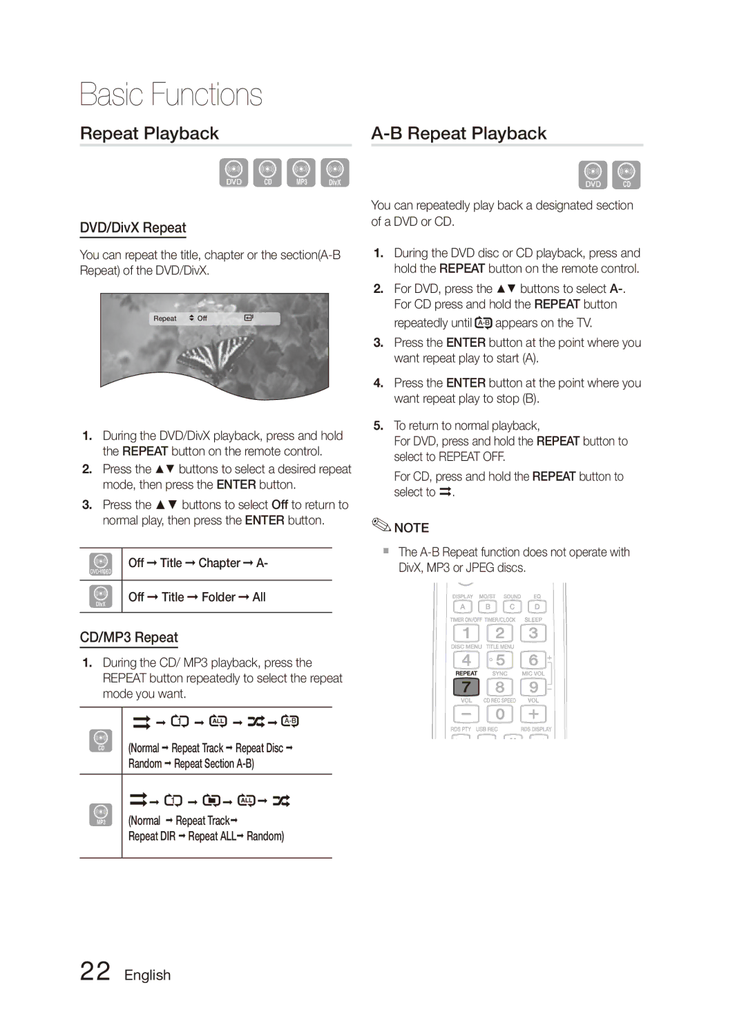 Samsung MX-D750D/SJ, MX-D750D/UM manual Repeat Playback, DVD/DivX Repeat, CD/MP3 Repeat 