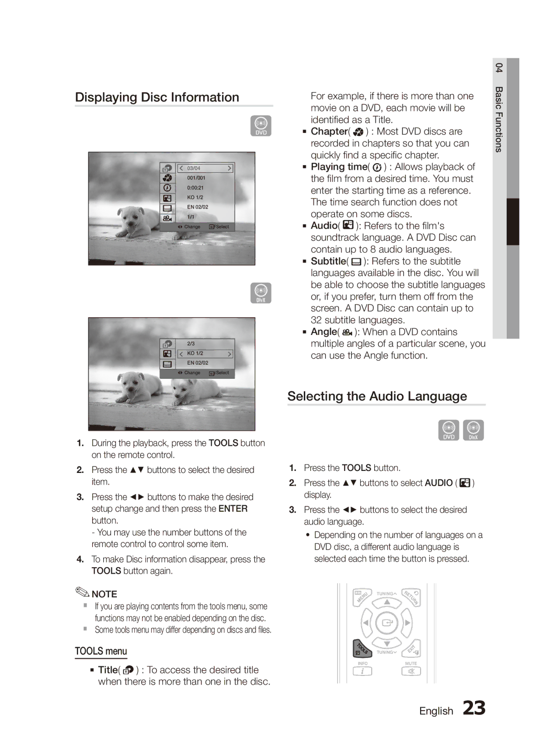 Samsung MX-D750D/UM manual Displaying Disc Information, Selecting the Audio Language, Tools menu, Identified as a Title 