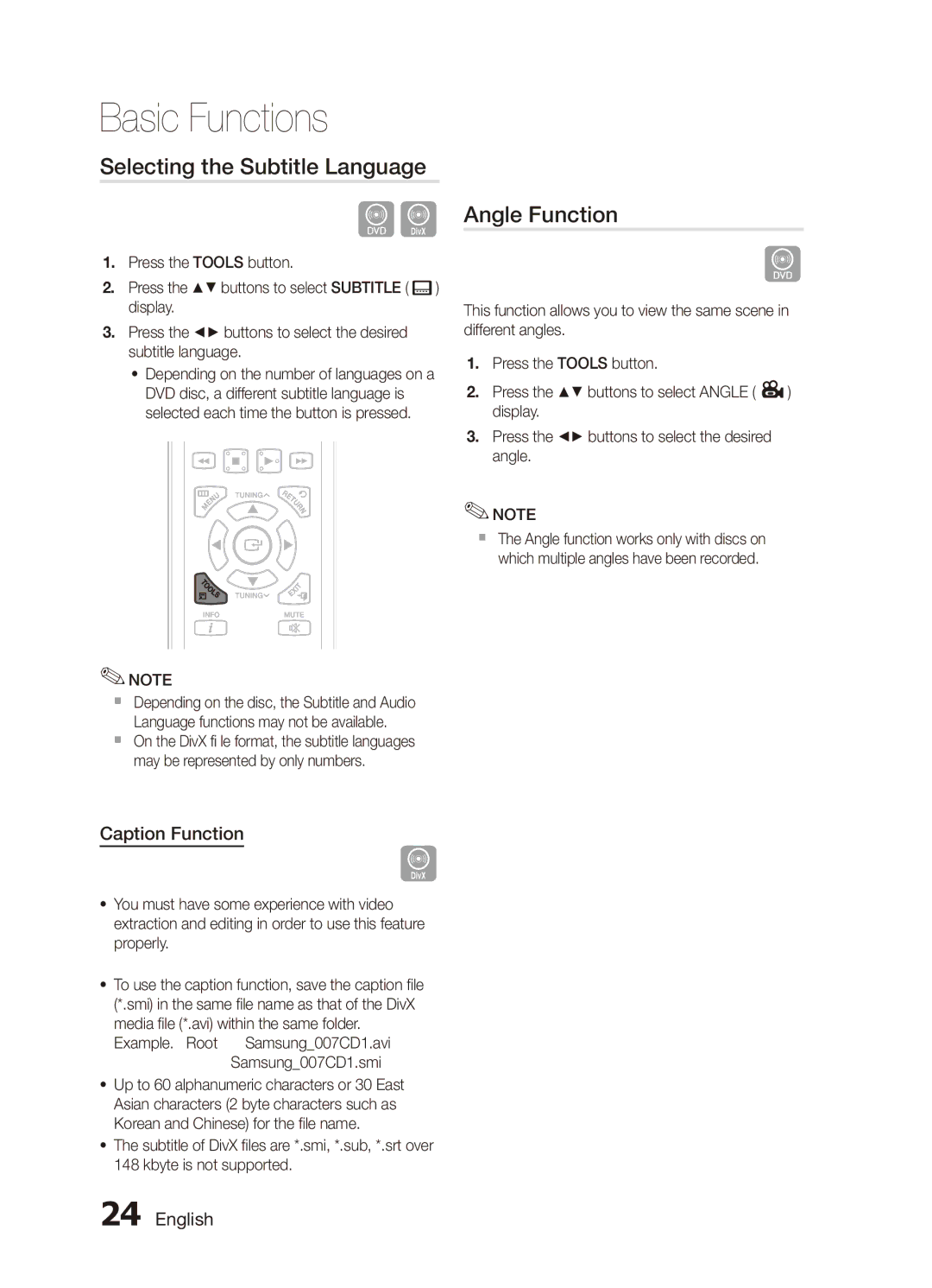 Samsung MX-D750D/SJ, MX-D750D/UM manual Selecting the Subtitle Language, Angle Function, Caption Function, Samsung007CD1.smi 