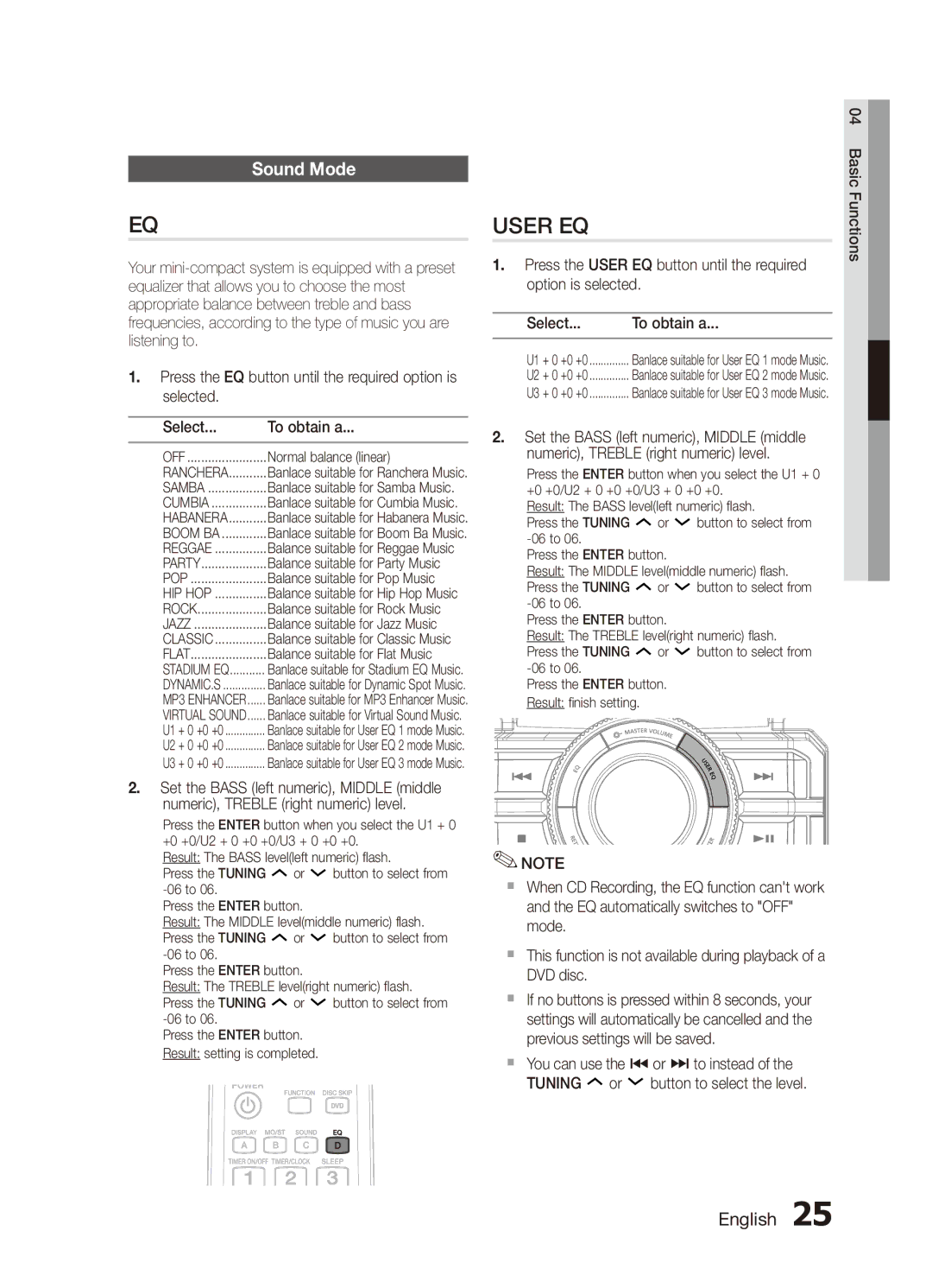 Samsung MX-D750D/UM, MX-D750D/SJ manual Sound Mode, Option is selected Select To obtain a, Balance suitable for Pop Music 