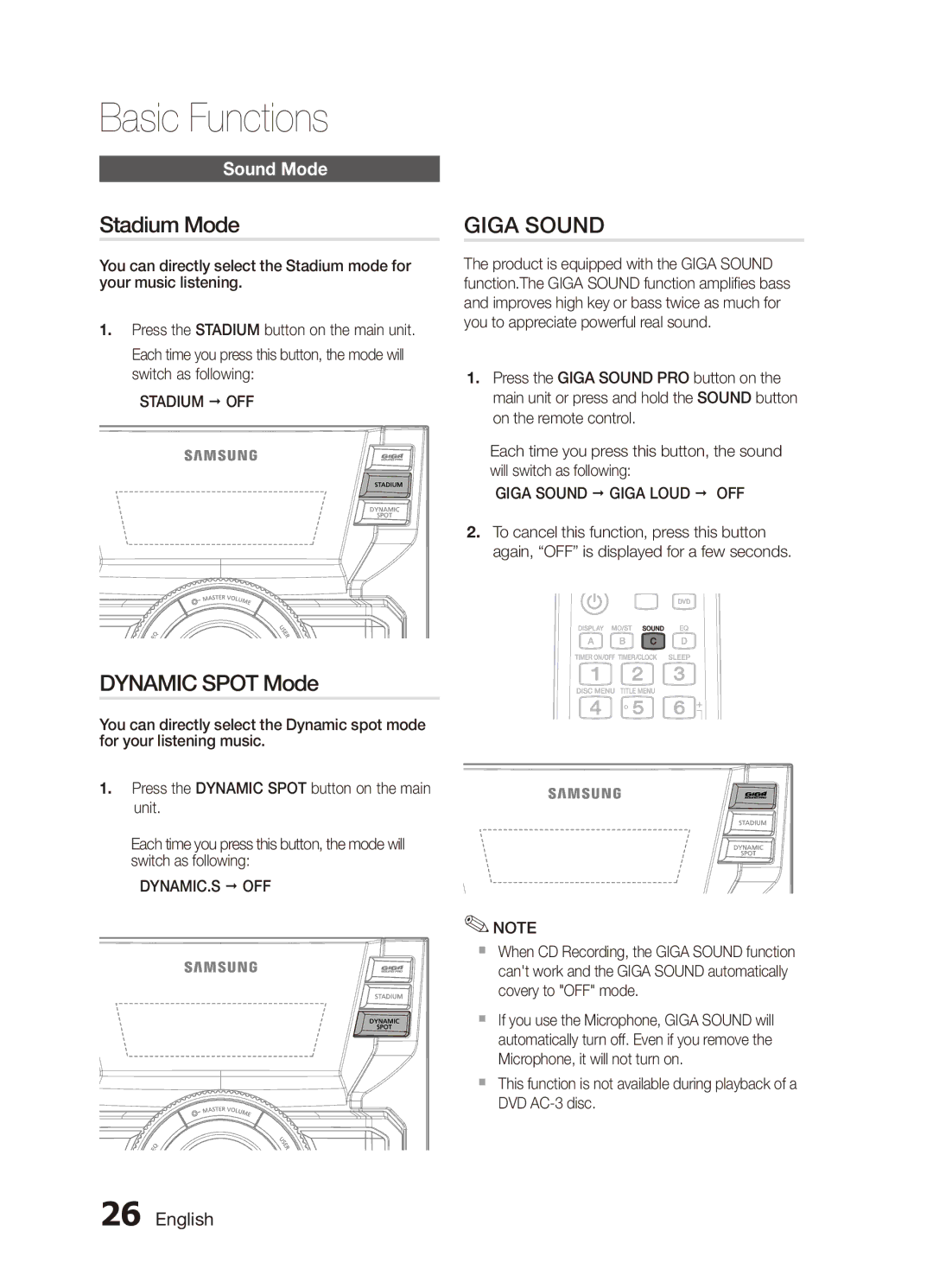 Samsung MX-D750D/SJ manual Stadium Mode, Dynamic Spot Mode, Stadium  OFF, Giga Sound  Giga Loud  OFF, Dynamic.S  Off 