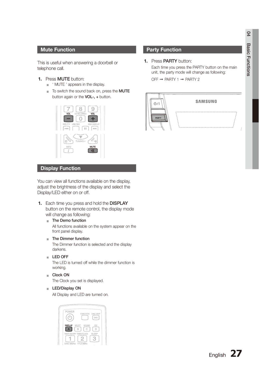 Samsung MX-D750D/UM, MX-D750D/SJ manual Mute Function, Display Function, Party Function, Press Party button 