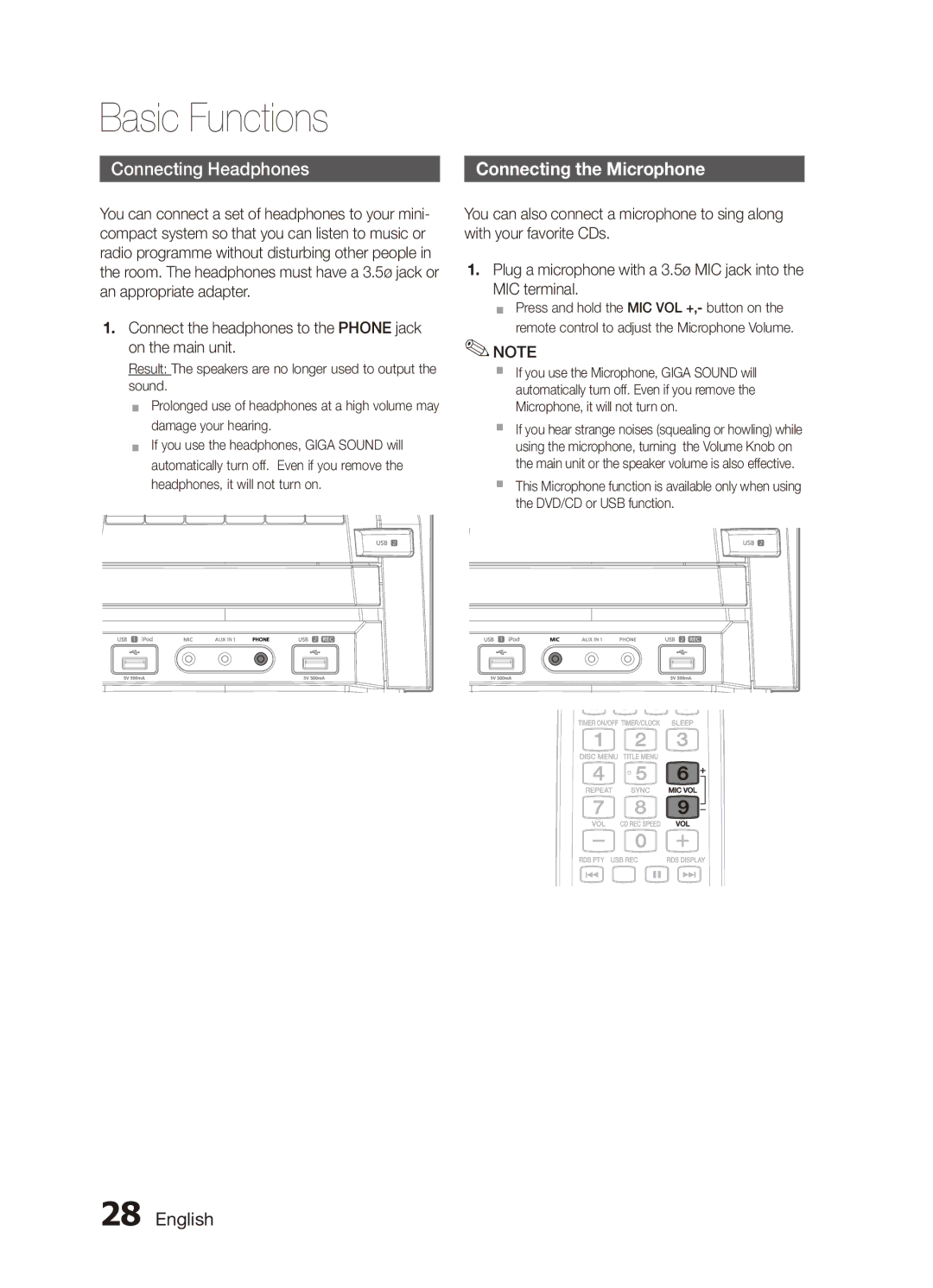 Samsung MX-D750D/SJ manual Connecting Headphones, Nnecting, Connect the headphones to the Phone jack on the main unit 