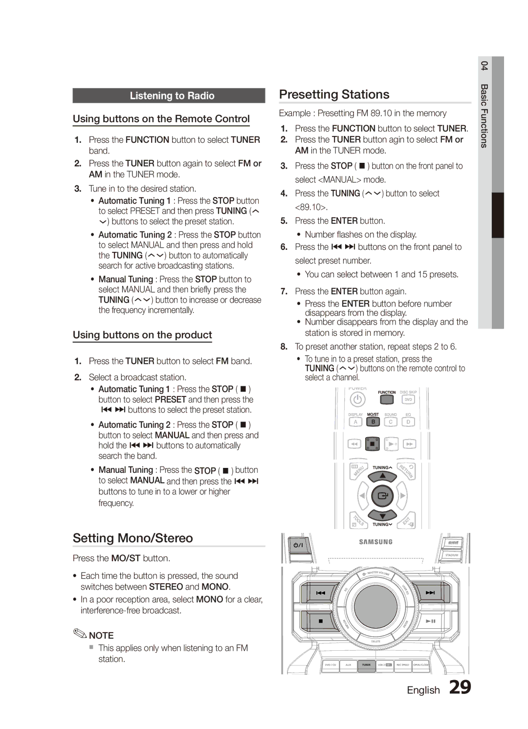 Samsung MX-D750D/UM Setting Mono/Stereo, Presetting Stations, Listening to Radio, Using buttons on the Remote Control 