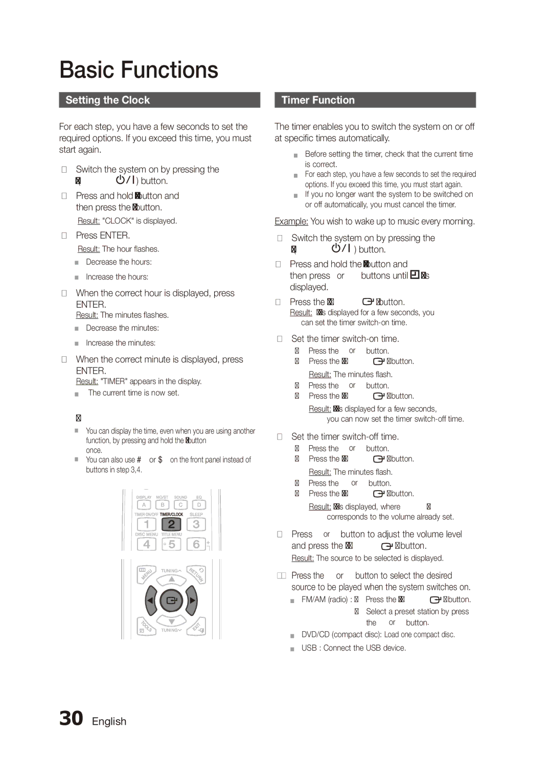 Samsung MX-D750D/SJ, MX-D750D/UM manual Setting the Clock, Timer Function, Enter 