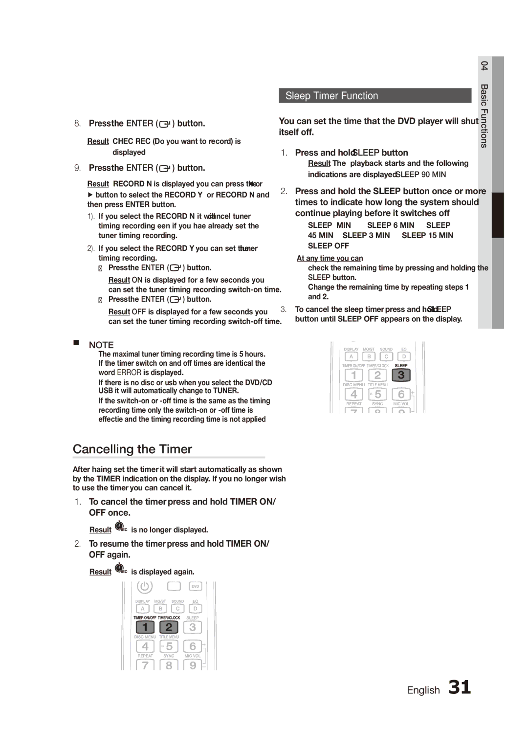 Samsung MX-D750D/UM Cancelling the Timer, Sleep Timer Function, To cancel the timer, press and hold Timer ON/ OFF once 