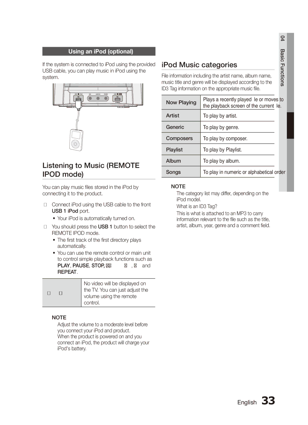 Samsung MX-D750D/UM manual Listening to Music Remote Ipod mode, IPod Music categories, Using an iPod optional, Repeat 