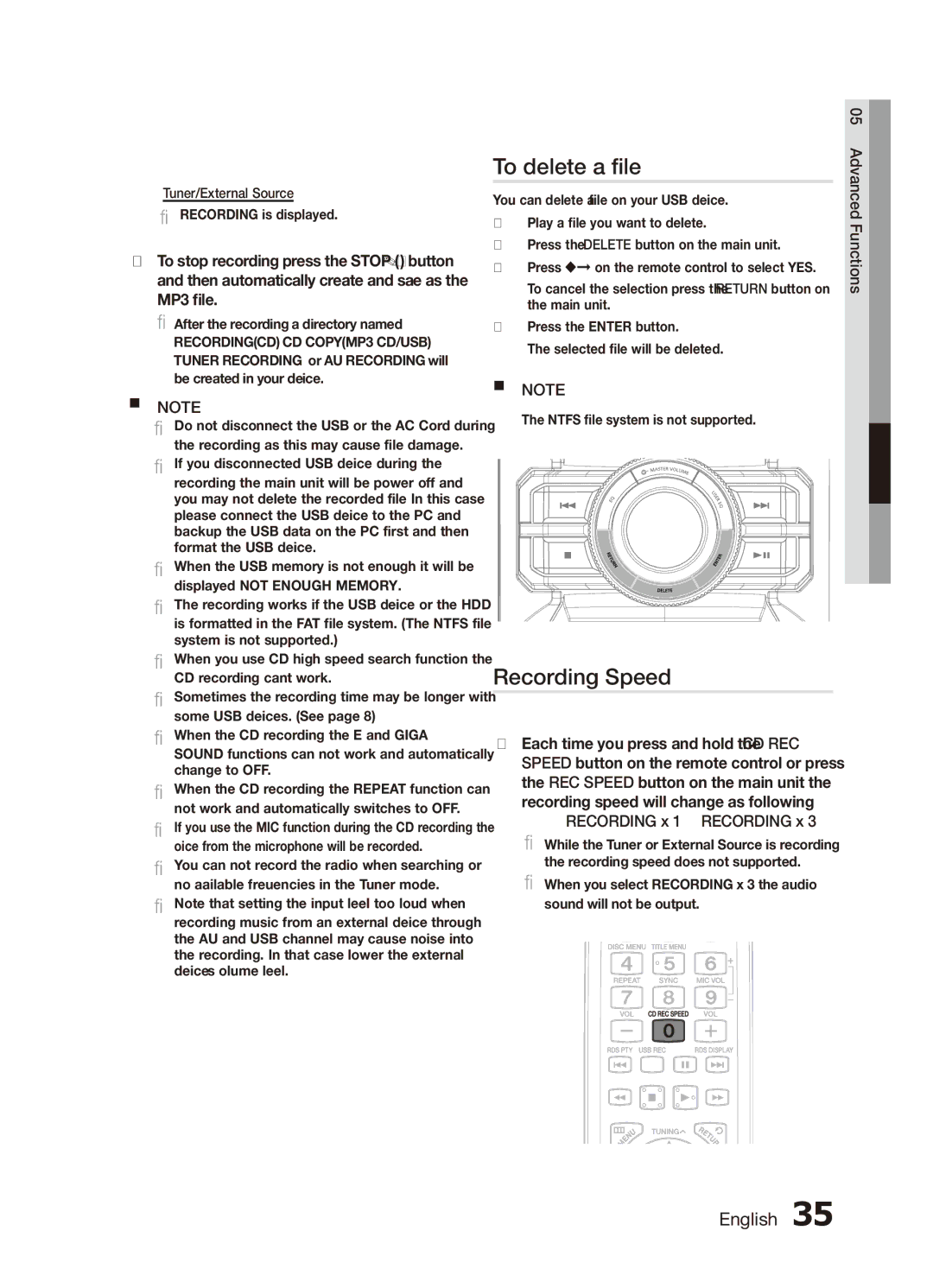 Samsung MX-D750D/UM, MX-D750D/SJ manual To delete a file, Recording Speed, Recording x 1  Recording x 