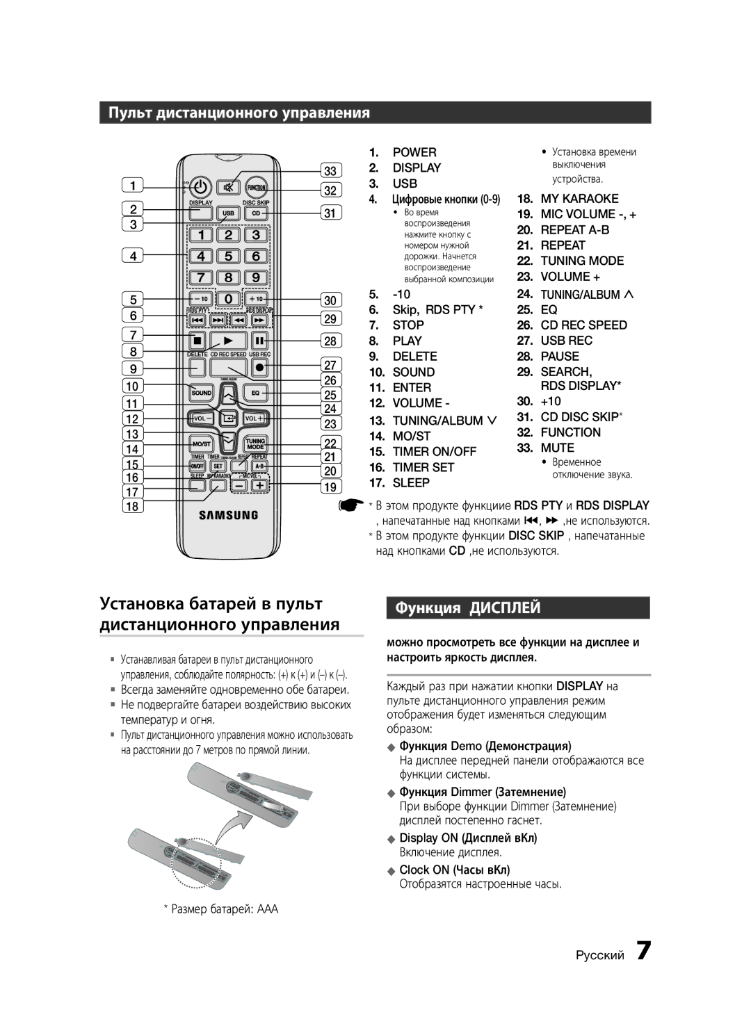 Samsung MX-E630/RU manual Пульт дистанционного управления, Функция Дисплей 