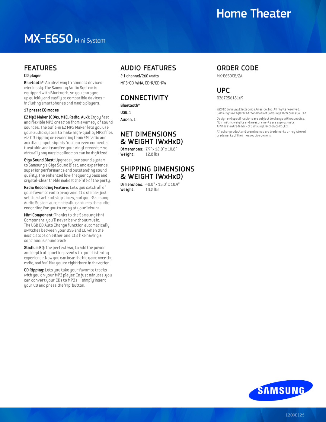 Samsung MX-E650 manual Audio Features, Connectivity, Order Code, Upc 