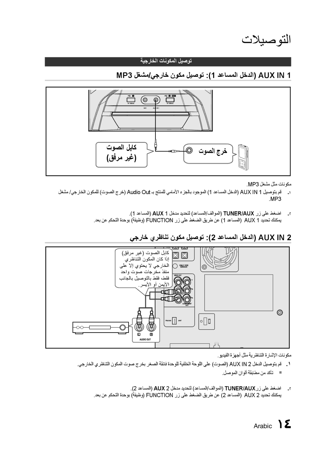 Samsung MX-E771D/UM manual MP3 لغشم/يجراخ نوكم ليصوت 1 دعاسملا لخدلا AUX, يجراخ يرظانت نوكم ليصوت 2 دعاسملا لخدلا AUX 