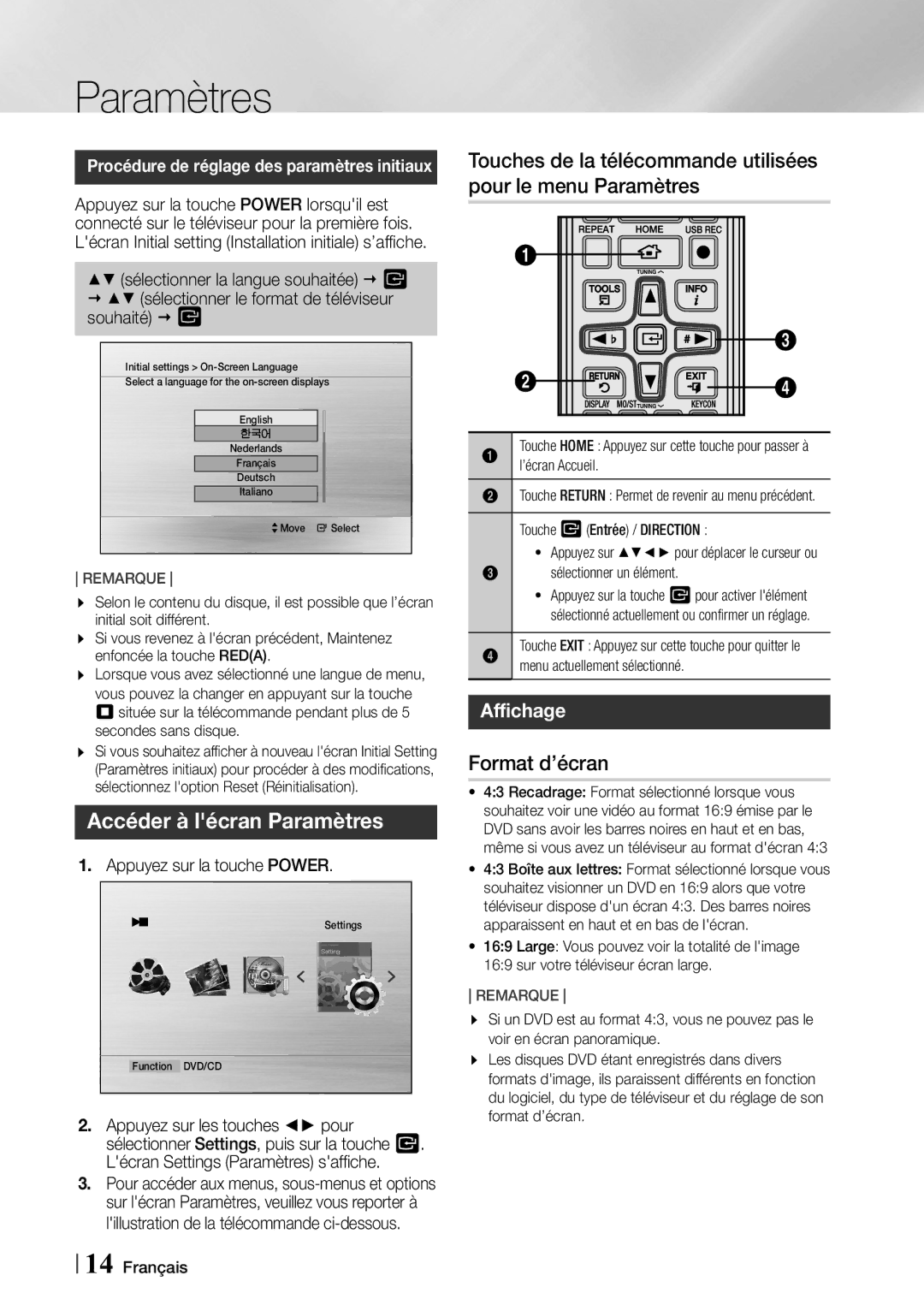 Samsung MX-F730DB/ZF manual Accéder à lécran Paramètres, Format d’écran, Appuyez sur la touche Power 