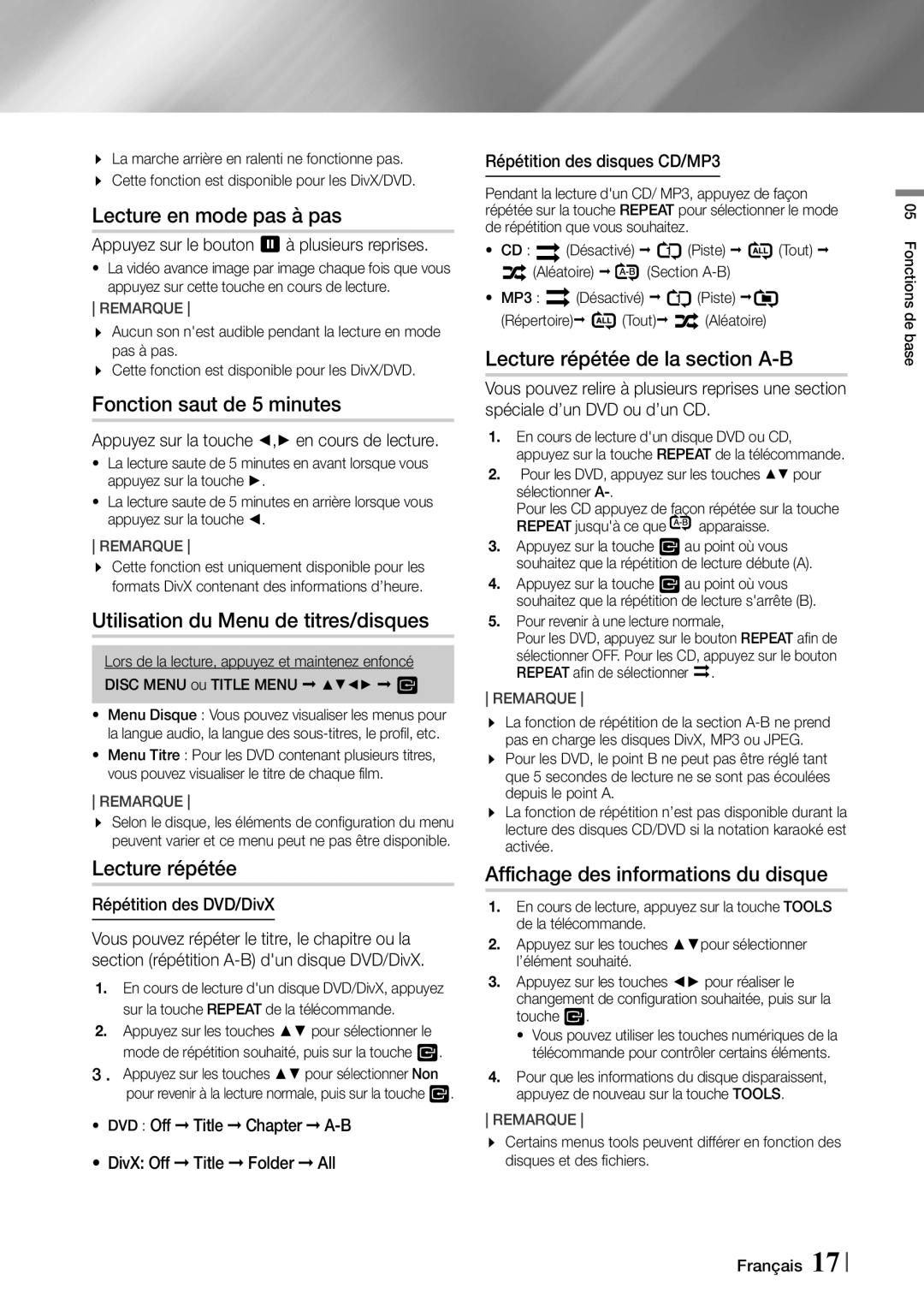 Samsung MX-F730DB/ZF manual Lecture en mode pas à pas, Fonction saut de 5 minutes, Utilisation du Menu de titres/disques 