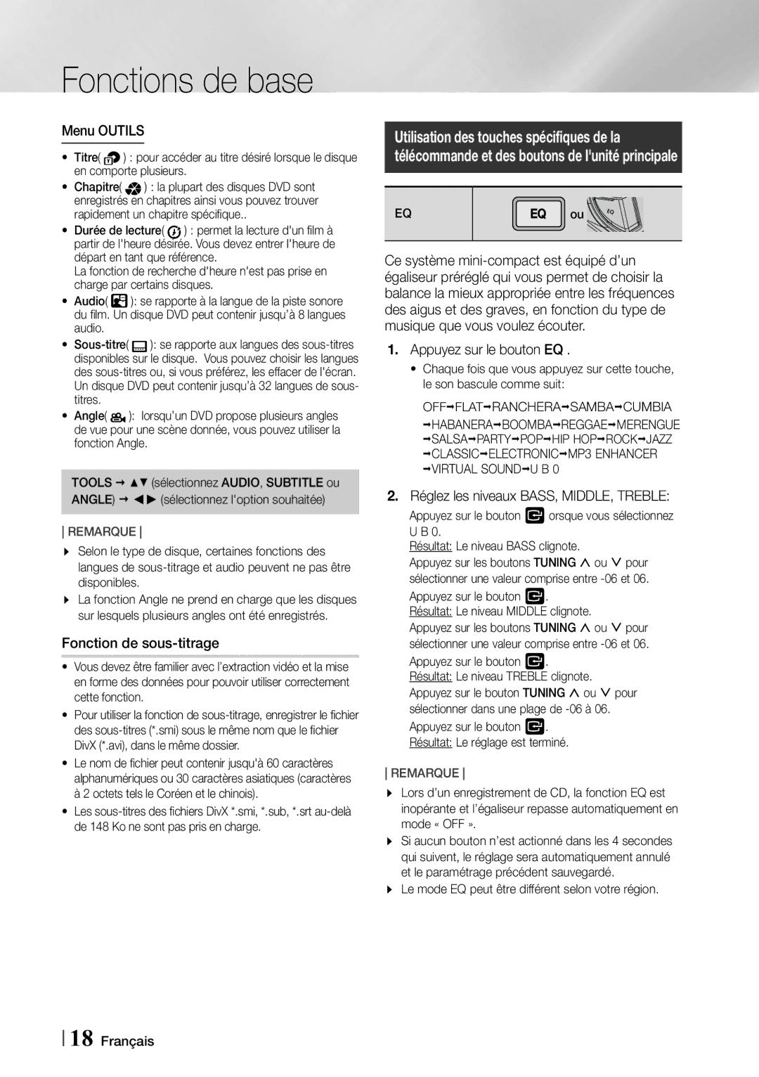 Samsung MX-F730DB/ZF manual Menu Outils, Fonction de sous-titrage, Appuyez sur le bouton EQ 