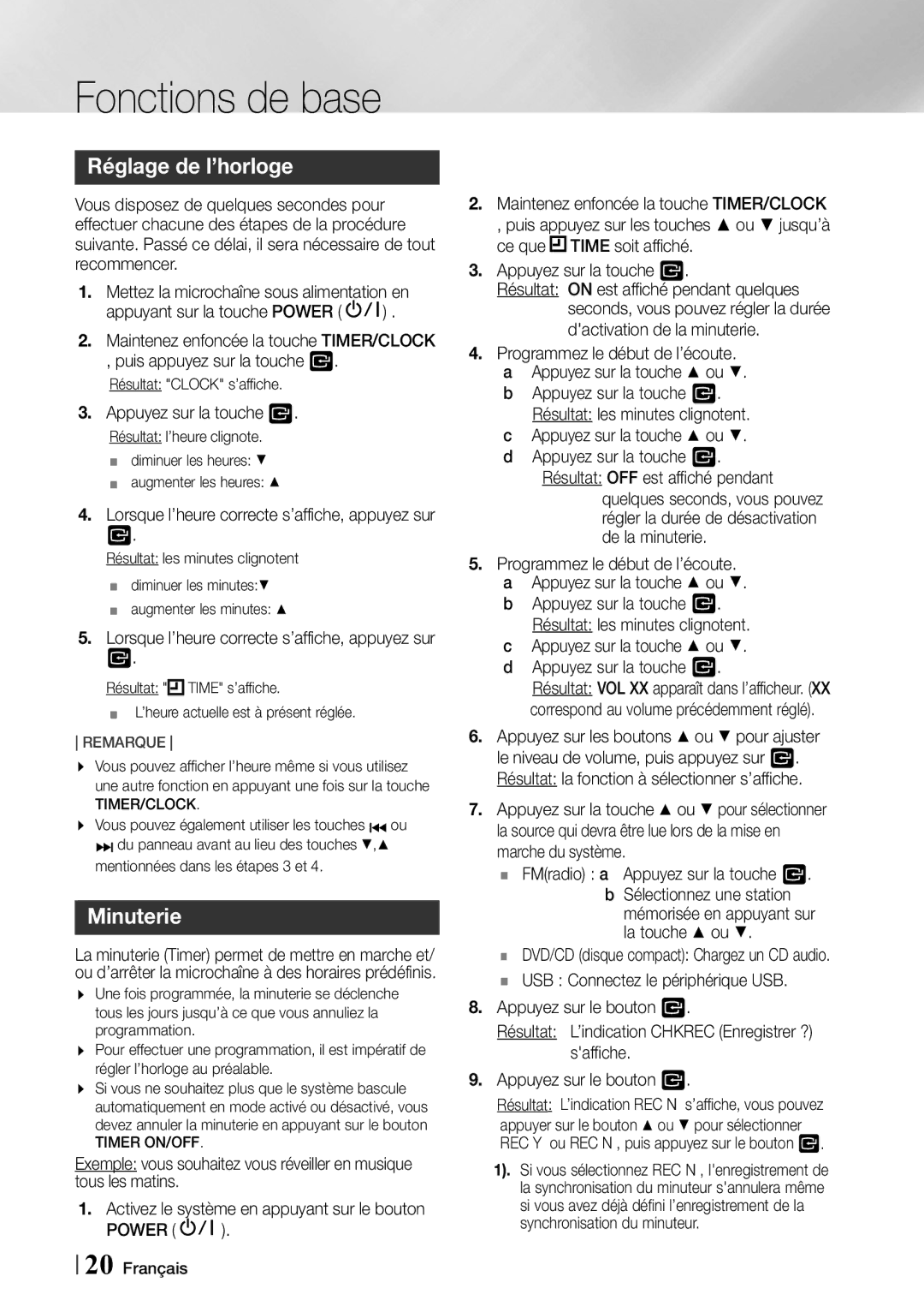 Samsung MX-F730DB/ZF manual Réglage de l’horloge, Minuterie 