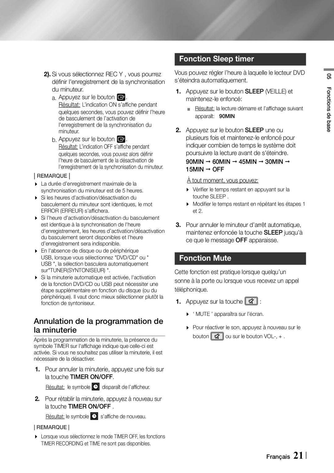 Samsung MX-F730DB/ZF manual Fonction Sleep timer, Fonction Mute 