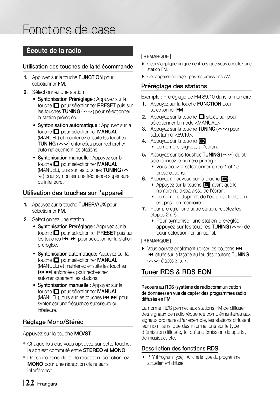 Samsung MX-F730DB/ZF manual Écoute de la radio, Utilisation des touches sur lappareil, Réglage Mono/Stéréo 