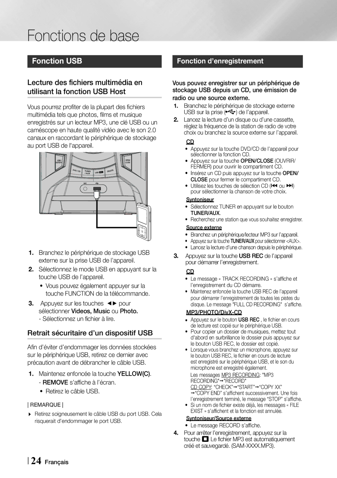 Samsung MX-F730DB/ZF manual Fonction USB, Retrait sécuritaire d’un dispositif USB, Sélectionnez un fichier à lire 