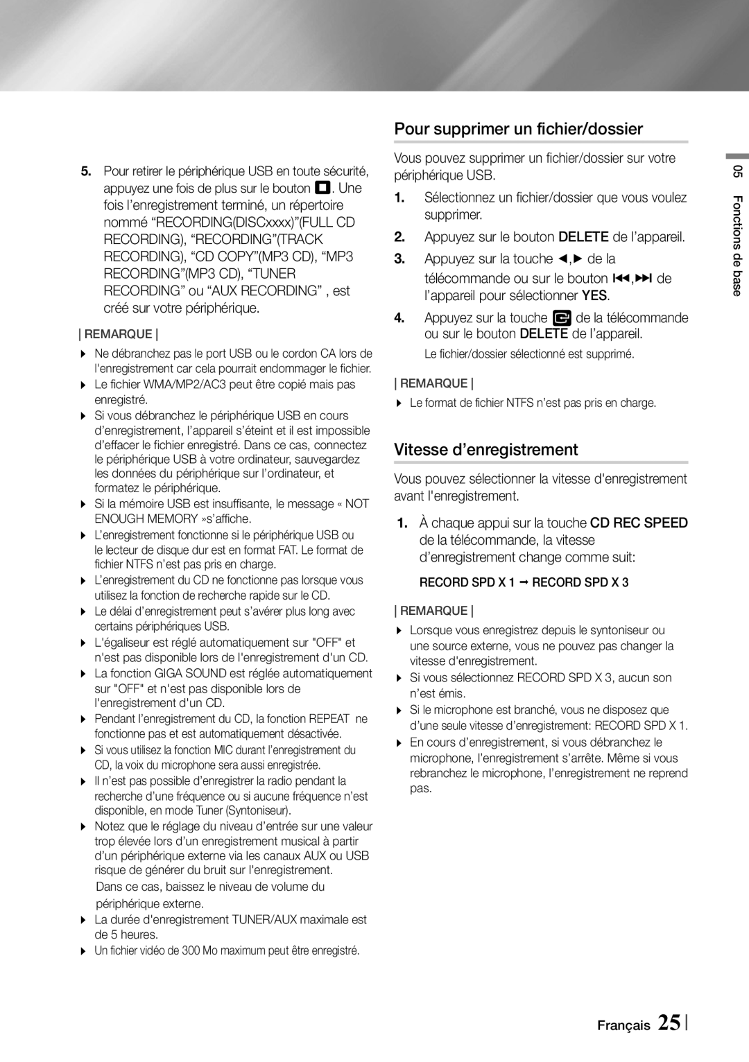 Samsung MX-F730DB/ZF manual Pour supprimer un fichier/dossier, Vitesse d’enregistrement 