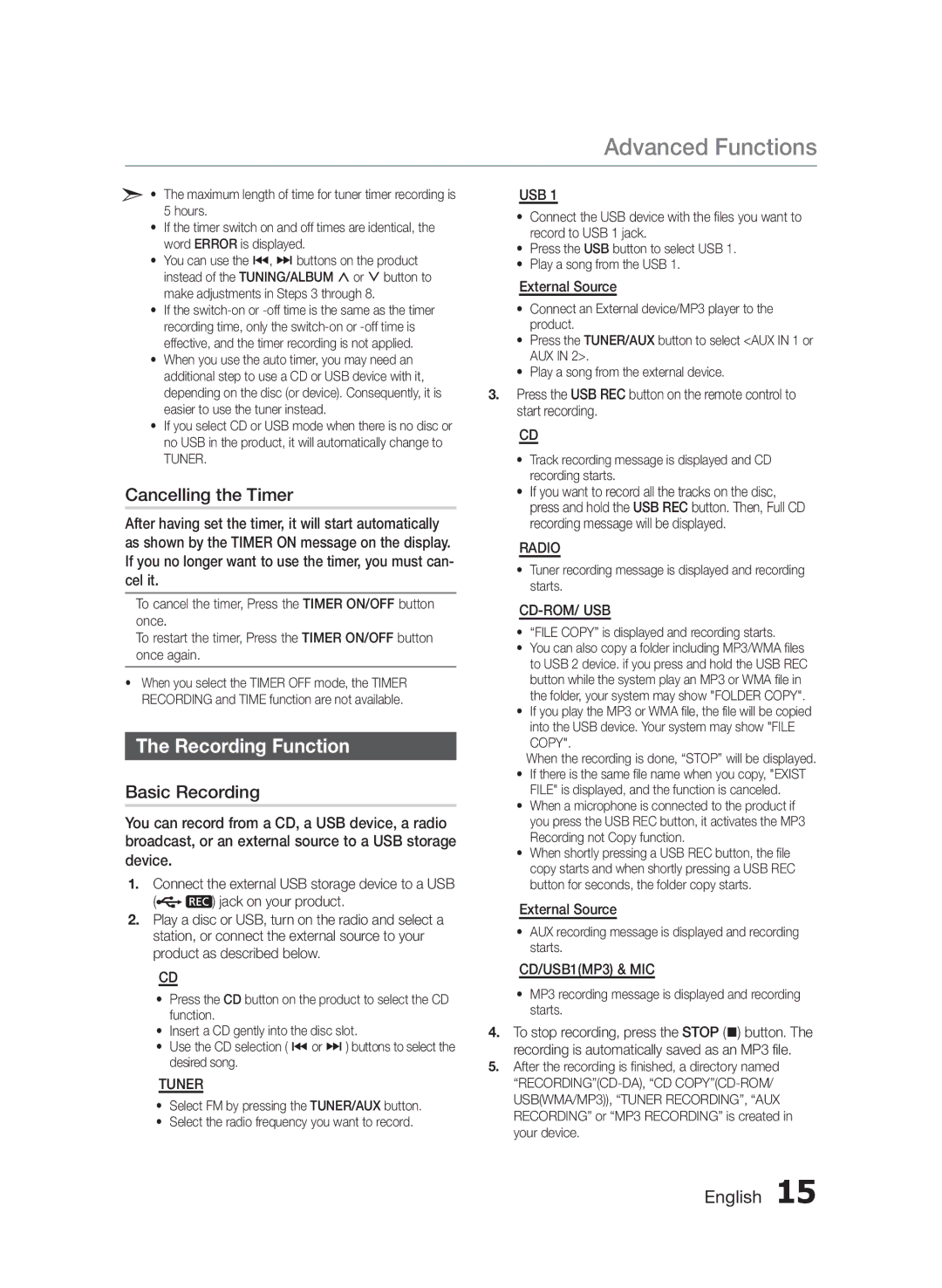 Samsung MX-FS8000/UM manual Recording Function, Cancelling the Timer, Basic Recording, Device, External Source 