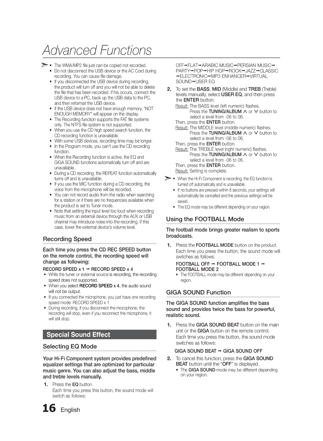 Samsung MX-FS8000/UM manual Special Sound Effect, Recording Speed, Selecting EQ Mode, Using the Football Mode 