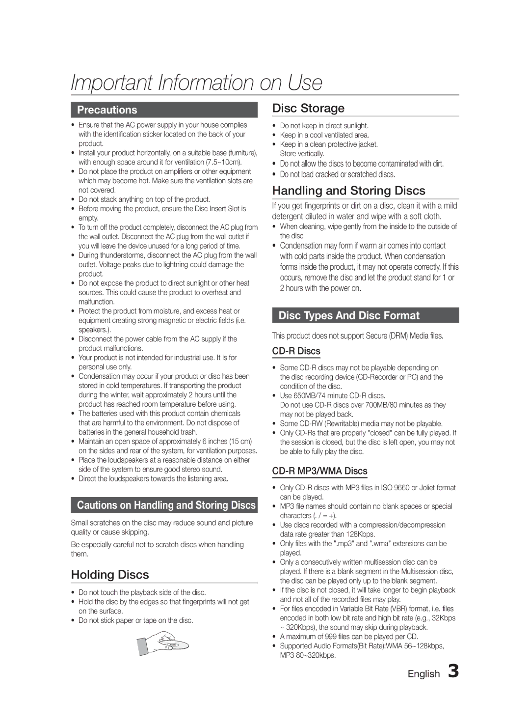 Samsung MX-FS8000/UM Important Information on Use, Precautions, Disc Types And Disc Format, CD-R Discs, CD-R MP3/WMA Discs 